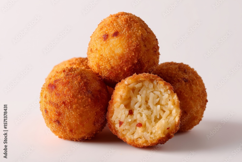 Vegan arancini rice balls freshly made and arranged on a clean white background highlighting their golden crispy exterior and soft interior Vegan arancini rice balls freshly made and arranged on a clean white background highlighting their golden crispy exterior and soft interior