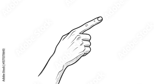 Hand-drawn vintage sketch of an index finger pointing to the right on white background

