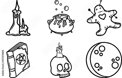 Hand Drawn Halloween Witchcraft Clipart Set Simple line art illustrations of candles, cauldrons, spellbooks, voodoo dolls, and moons Vector Witchcraft Accessories