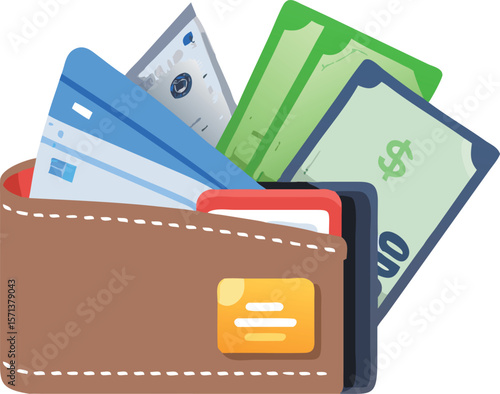 A detailed open wallet with various credit cards, cash, symbolizing finance and shopping.