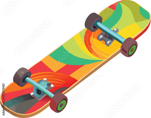 A detailed skateboard with a vibrant graphic deck, perfect for urban sports and fun.