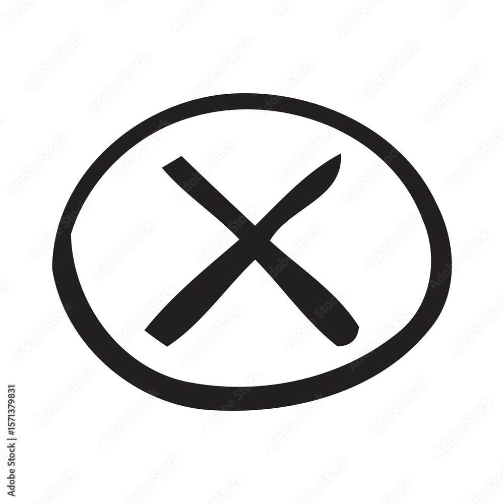 Fototapeta premium Hand-drawn X in Circle; Negative, Rejection, Cancellation Symbol; Dark, Minimalist Design.
