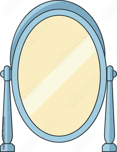 Oval blue vintage standing mirror with adjustable frame and reflective glass surface for bedroom or dressing room use