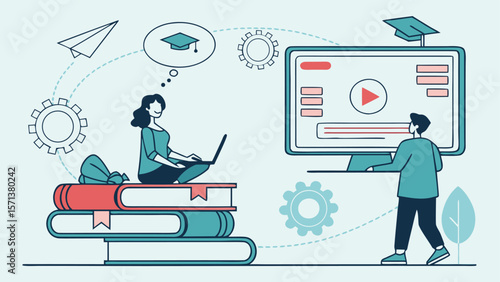 Virtual Classroom and Online Learning Environment with Video Lessons and Educational Tools – Flat Vector Illustration