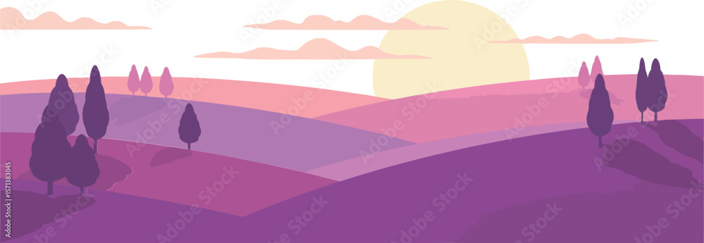 Naklejka premium Purple sunset landscape with rolling hills and stylized trees under soft pastel sky and sun