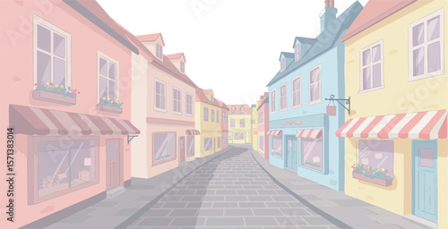 Colorful pastel buildings lining quaint empty cobblestone street in peaceful townscape