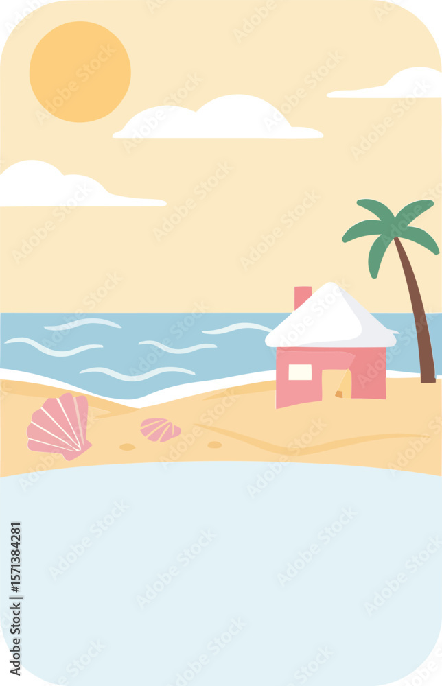 Fototapeta premium Tropical Beach Scene with Palm Tree and Hut under Sunny Sky and Calm Ocean Waves Illustration