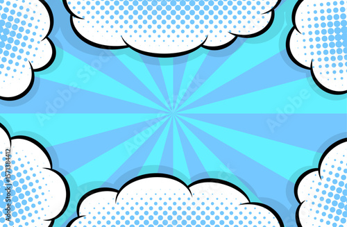 Cartoon-like pop and bright sunburst and clouds background. An eye-catching American comic book-like pop background with impactful concentrated blue lines.