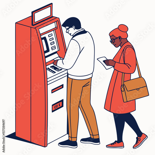 Man and Woman Using ATM Machine in City Setting