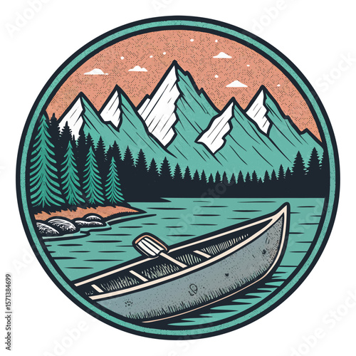 Vintage-style round illustration featuring a canoe on a lake with majestic mountains in the background.