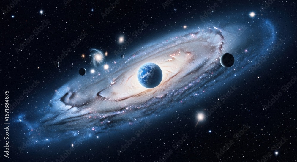 Obraz premium A surreal cosmic montage with Planet Earth at the heart of a vast spiral galaxy, surrounded by other worlds. A concept of our place in the universe.