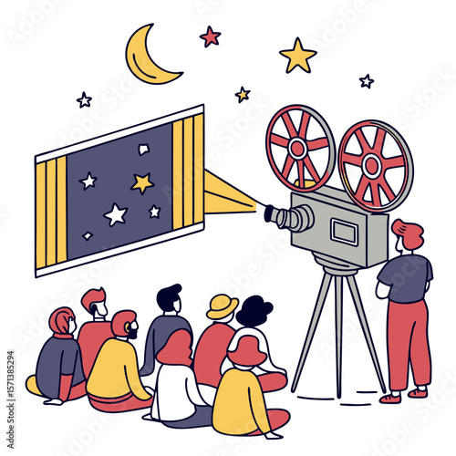 People Watching a Film Projection Under the Night Sky