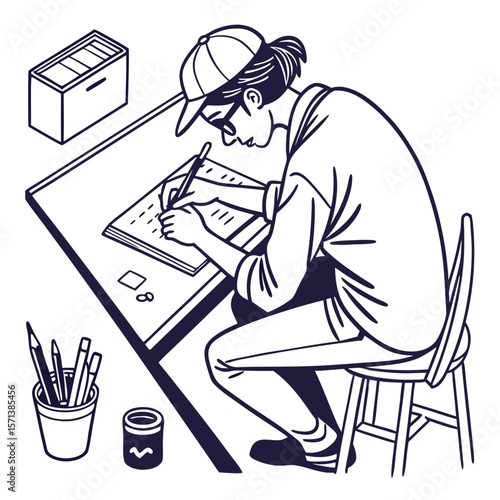 Person Seated at Desk Writing in Monochrome Illustration