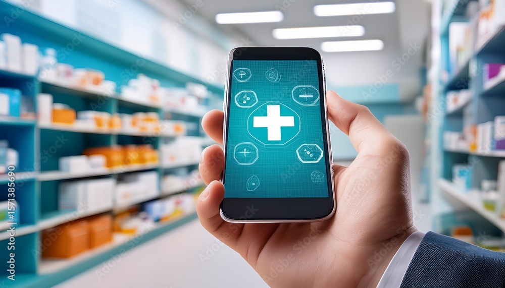 hand is holding a modern smartphone on blurred pharmacy background hand is holding a modern smartphone on blurred pharmacy background