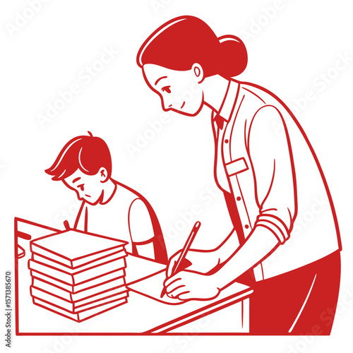 Red Line Art Illustration of Teacher and Student Studying Together