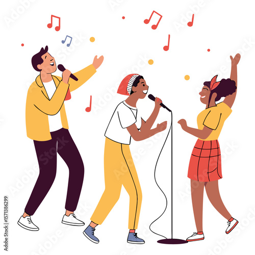 Three Friends Enjoying Karaoke Night Singing with Microphones