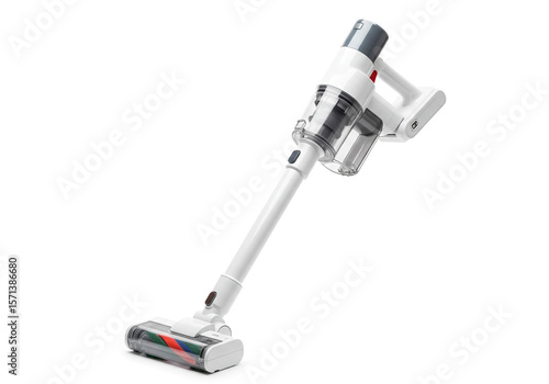 A cordless stick vacuum cleaner in white with a transparent dustbin on a white background studio shot