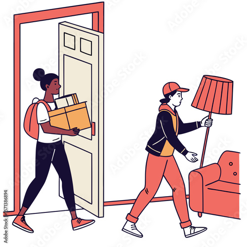 Two People Moving Boxes and Furniture into New Apartment