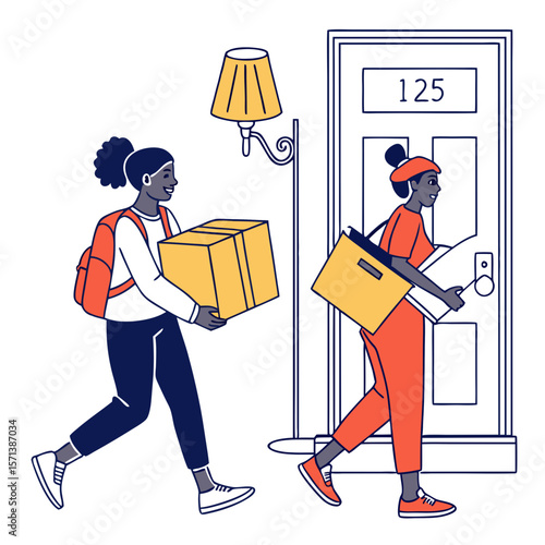 Two Women Delivering Packages at an Apartment Entrance
