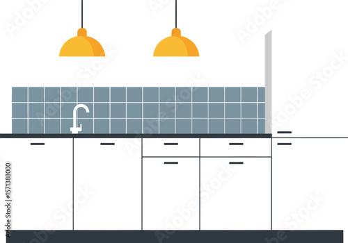 Modern minimalist kitchen interior with blue tiled backsplash and yellow pendant lights in clean design