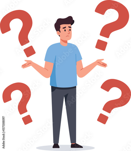 Man shrugging with red questions around him