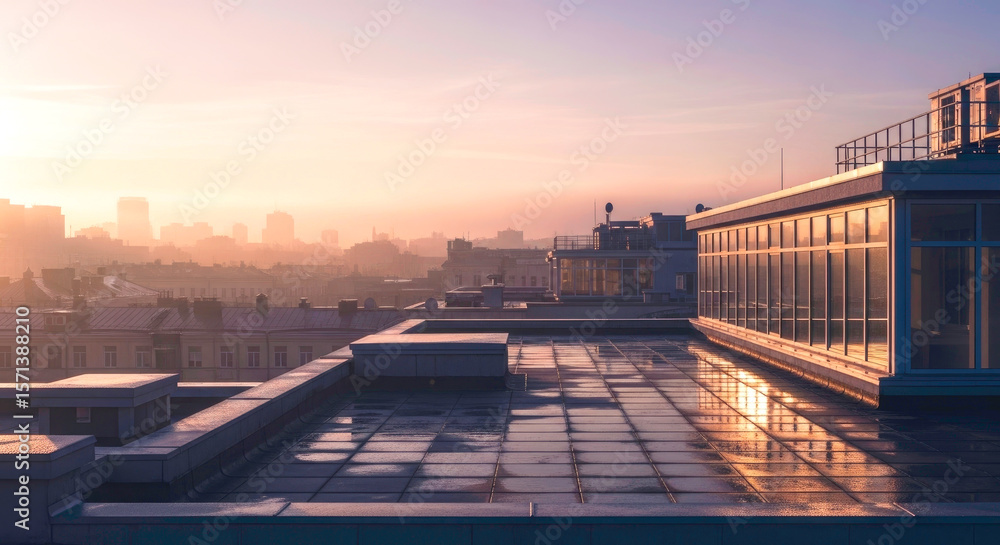 Fototapeta premium City Rooftop at Sunrise: Urban Architecture and Skyline Views