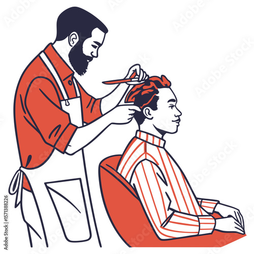 Barber Giving Haircut to a Man in Red and White Striped Shirt