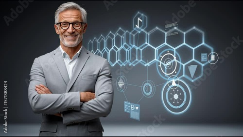 Confident Executive in Digital Realm: A distinguished and experienced executive stands with arms crossed, radiating confidence, against a backdrop of futuristic digital technology.