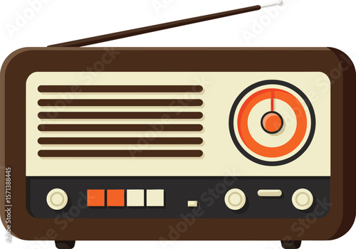 Vintage brown radio with orange dial and beige speaker grille retro style electronic device for classic sound lovers