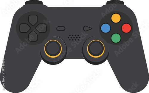 Black gaming controller with colorful buttons and ergonomic design for video game enthusiasts and players