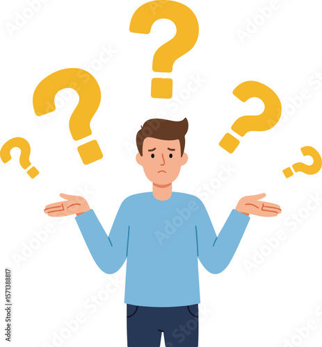 Cartoon boy confused by floating yellow questions