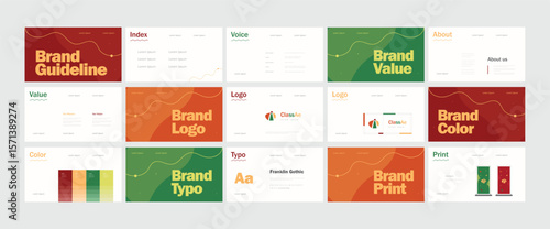 Brand guidelines template, Landscape brand identity presentation, Red orange and green, modern and clean design, Logotype guidelines template for education, nonprofit, creative agency
