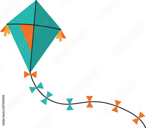 Colorful geometric kite with orange and turquoise design flying on white background