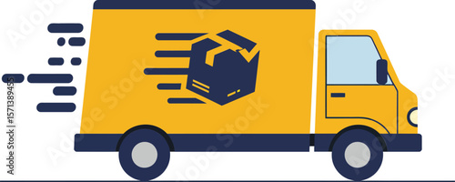 Yellow delivery truck with fast motion effect and parcel icon on side driving on white background