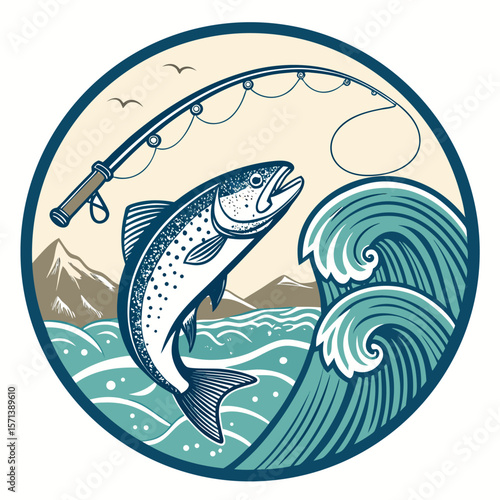A circular embroidered patch depicting a trout being caught on a fishing rod beside a lake.