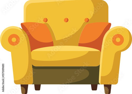 Yellow armchair with orange cushions for comfortable living room seating and home relaxation