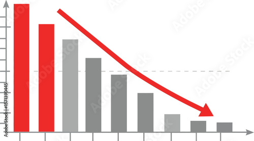 Declining bar chart with red bars and descending arrow illustrating decreasing data trend and financial loss concept