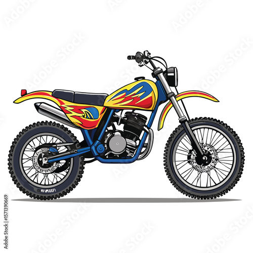 Vintage 1980s dirt bike with striking flame decals and decorative bolt details.