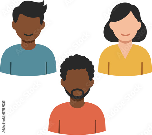 Diverse group of three people icons with different skin tones and casual clothing in simple flat style