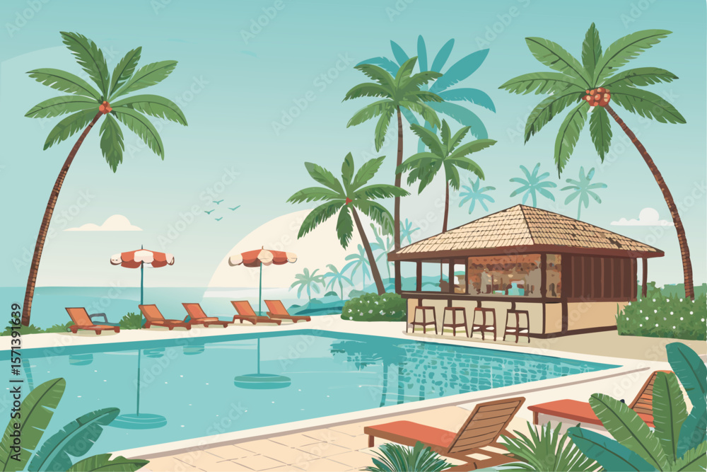 Fototapeta premium Vector illustration of a luxury swimming pool in a tropical resort, featuring palm trees, sun loungers, umbrellas, ocean views, cocktails.