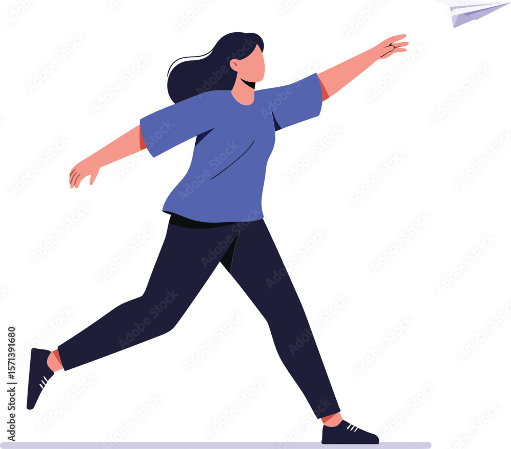 Woman running and throwing paper airplane in blue shirt and black pants simple illustration Woman running and throwing paper airplane in blue shirt and black pants simple illustration