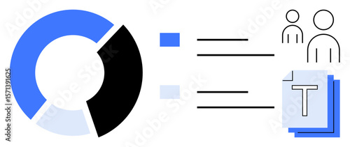 Pie chart with three segments, two user icons, text blocks representing collaboration, and data organization. Ideal for teamwork, analysis, reports, statistics, management strategy simple landing