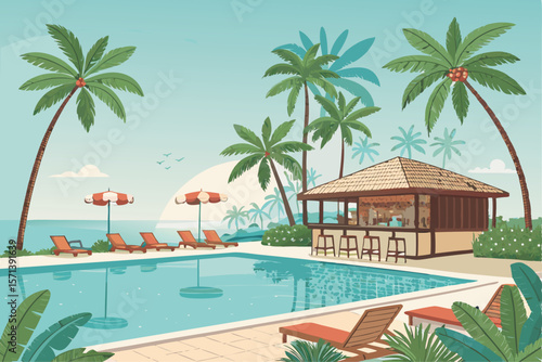 Vector illustration of a luxury swimming pool in a tropical resort, featuring palm trees, sun loungers, umbrellas, ocean views, cocktails.