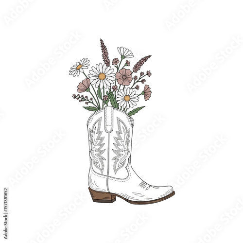 A white cowboy boot filled with a colorful bouquet of daisy-like flowers and lavender sprigs, creating a whimsical and artistic composition.