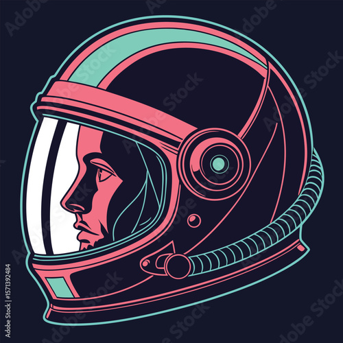 Illustration of an astronaut with a helmet in pink and teal with a dark blue background in vector art