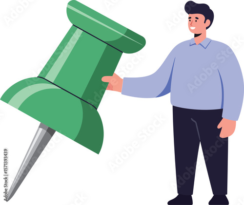 Man Holding Large Green Pushpin Symbolizing Planning and Organization Concept Illustration