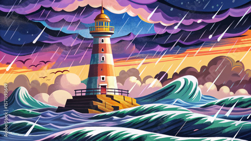Stormy sea vector, lighthouse beam in rain, moody nautical scene, ocean waves, maritime illustration, night storm, coastal safety, dark weather, navigation light, dramatic seascape