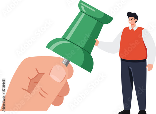 Businessman holding large green pushpin symbolizing planning and strategy concept illustration