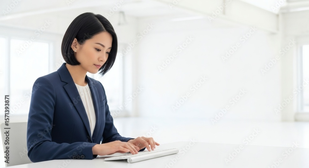 Asian businesswoman in professional attire works at a clean minimal desk setup in bright modern Asian businesswoman in professional attire works at a clean minimal desk setup in bright modern
