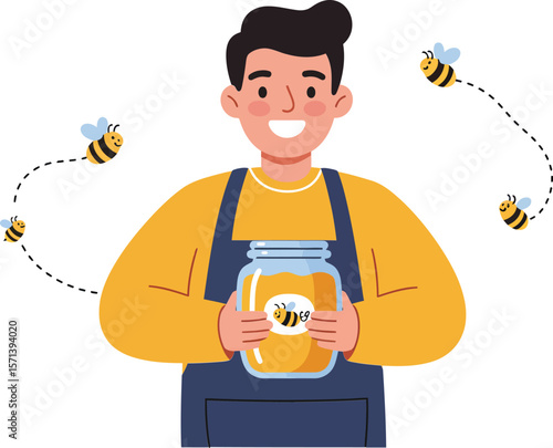 Man holding jar of honey with bees flying around natural honey harvesting concept illustration